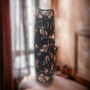 Elegant Navy Blue with floral asymmetrical slim cut midi Dress